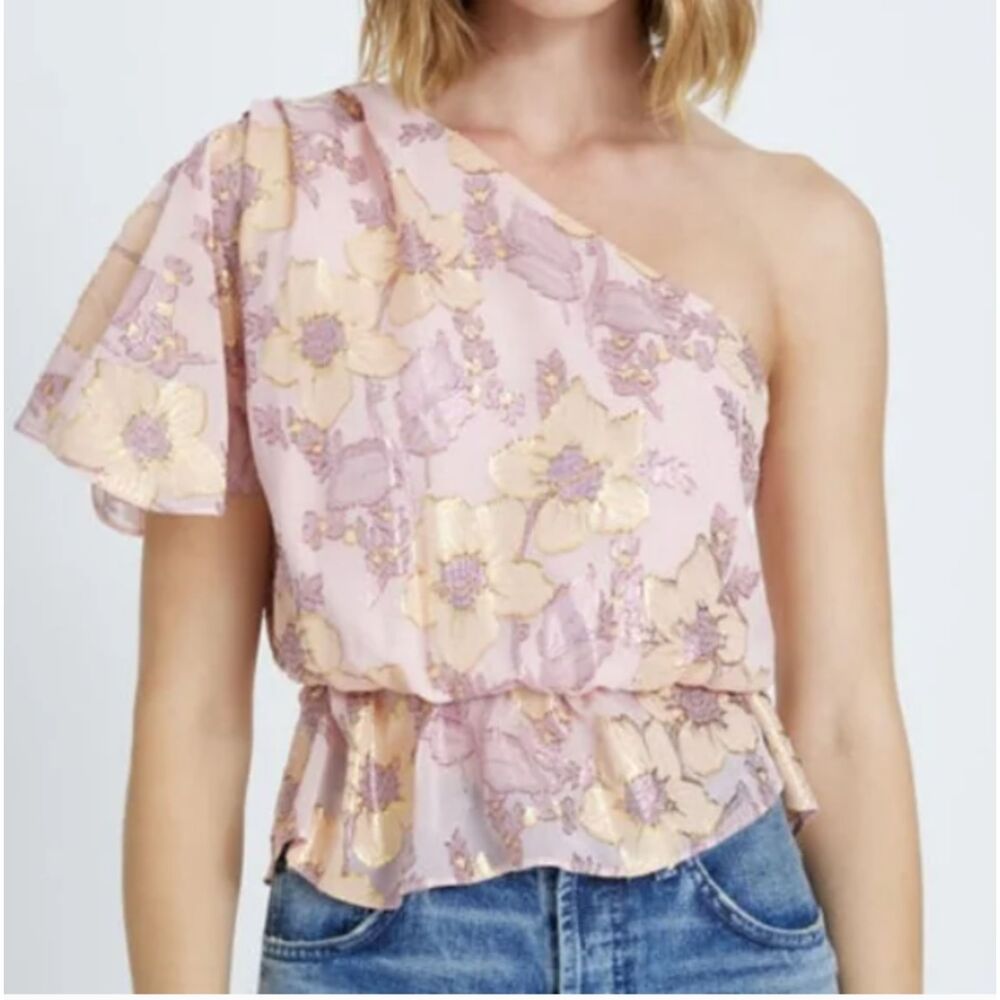 7 For All Mankind Pink Metallic Floral One Shoulder Silk Top Size Medium